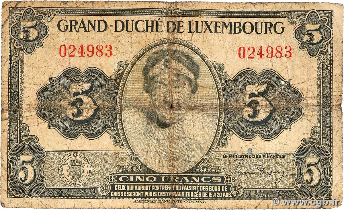 5 Francs LUXEMBOURG  1944 P.43b B