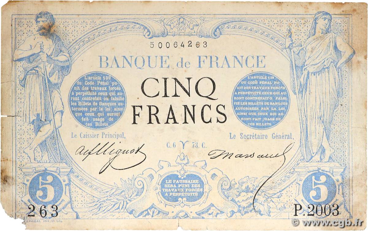 5 Francs NOIR FRANCE  1873 F.01.16 G