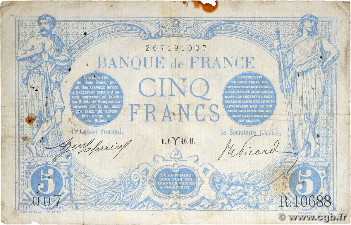 5 Francs BLEU FRANCIA  1916 F.02.37 q.MB