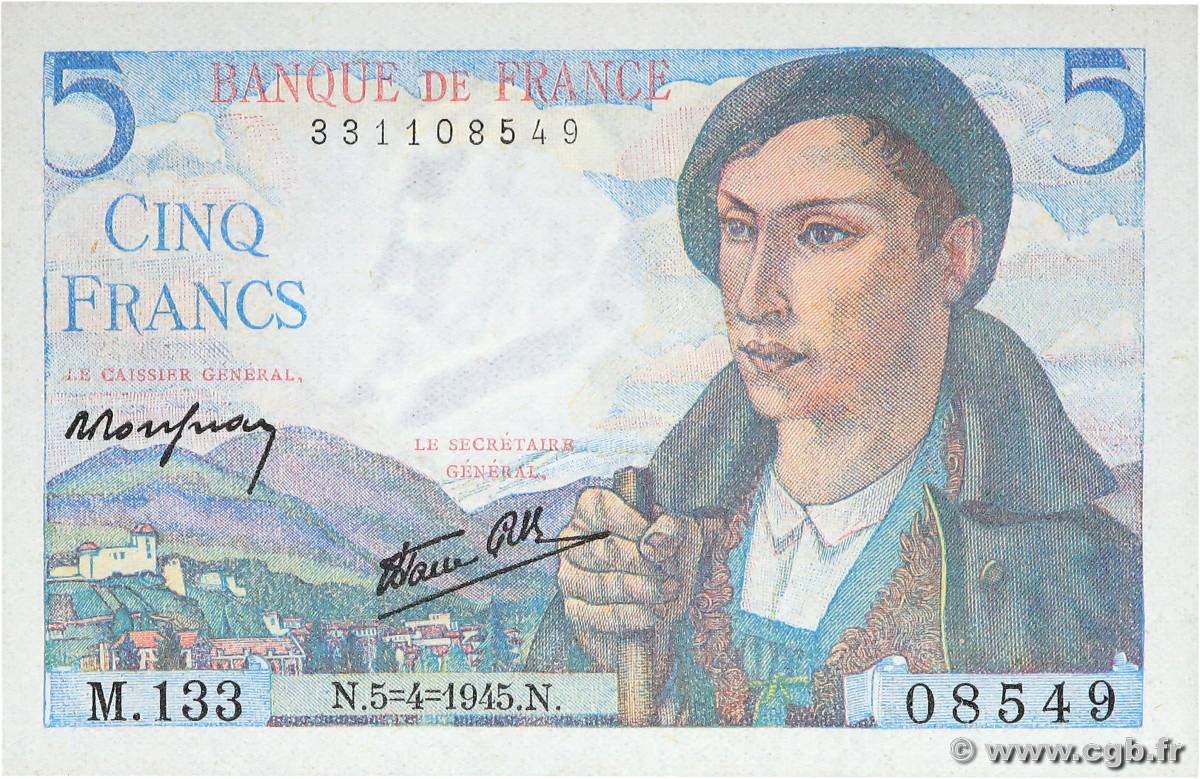 5 Francs BERGER FRANCE  1945 F.05.06 AU+