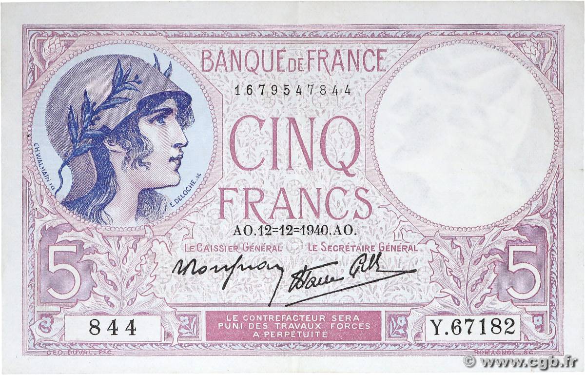 5 Francs FEMME CASQUÉE modifié FRANCE  1940 F.04.17 VF