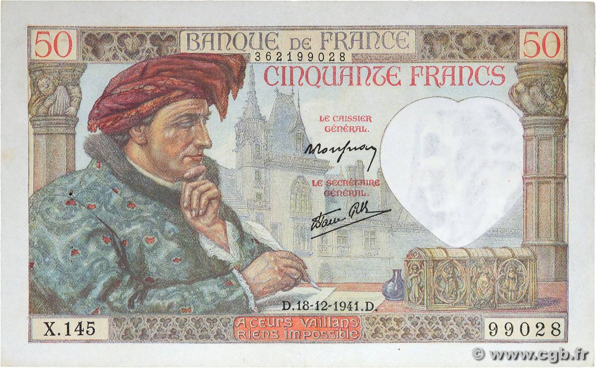 50 Francs JACQUES CŒUR FRANCE  1941 F.19.17 VF+