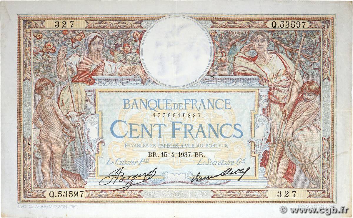 100 Francs LUC OLIVIER MERSON grands cartouches FRANCE  1937 F.24.16 VF