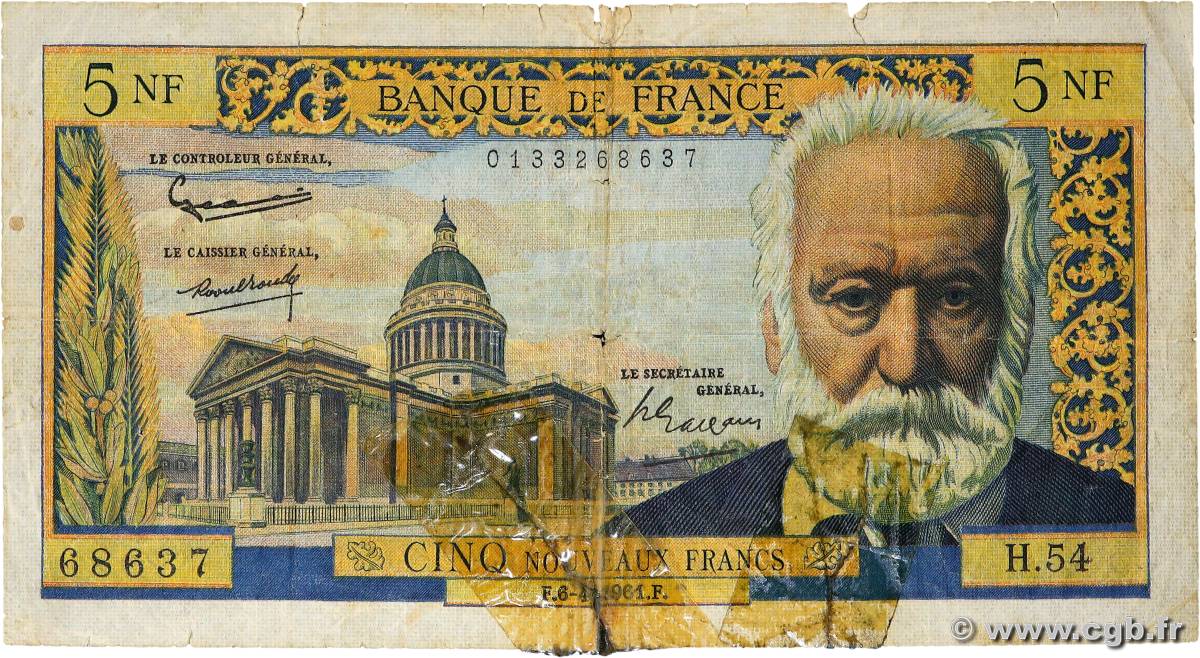 5 Nouveaux Francs VICTOR HUGO FRANCIA  1961 F.56.07 q.B