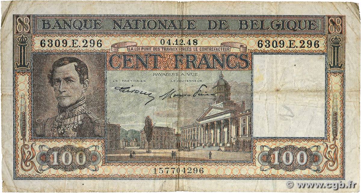 100 Francs BELGIUM  1948 P.126 VG