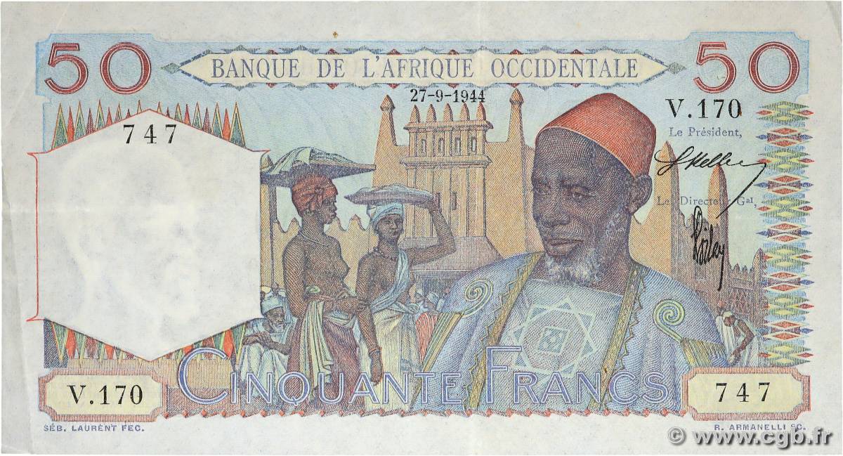 50 Francs FRENCH WEST AFRICA  1944 P.39 q.SPL