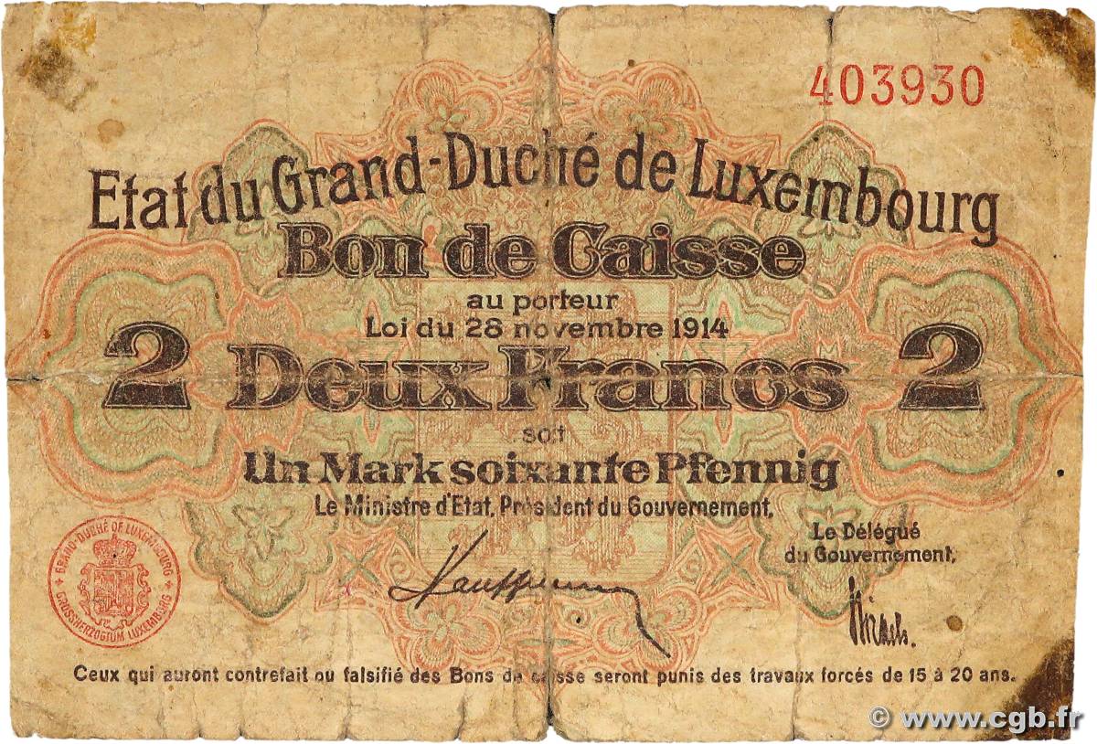 2 Francs / 1 Mark 60 Pfennig LUXEMBOURG  1914 P.22 G