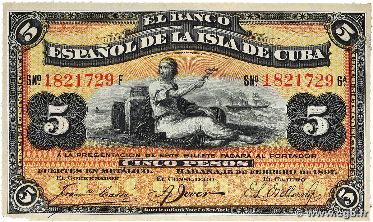 5 Pesos CUBA  1897 P.048b XF