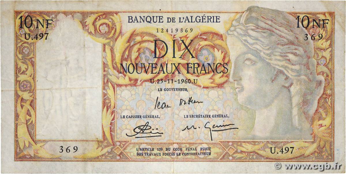 10 Nouveaux Francs ALGERIA  1960 P.119a F+