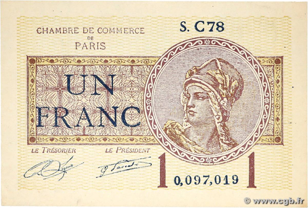 1 Franc FRANCE regionalism and various Paris 1920 JP.097.23 UNC-