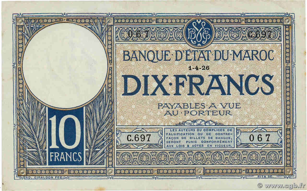 10 Francs MAROC  1924 P.11b TTB