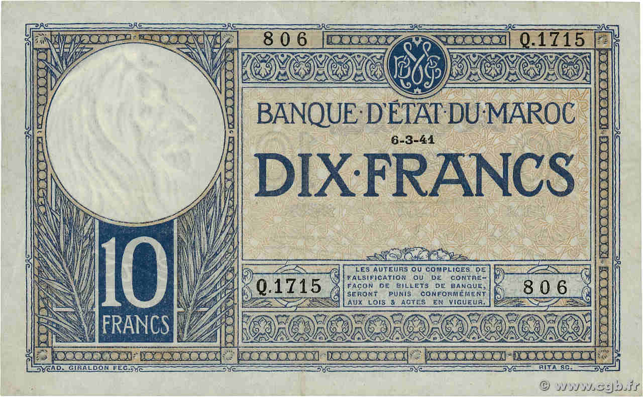 10 Francs MAROC  1941 P.17b TTB+