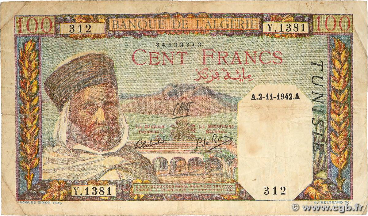 100 Francs TUNISIA  1942 P.13b VG