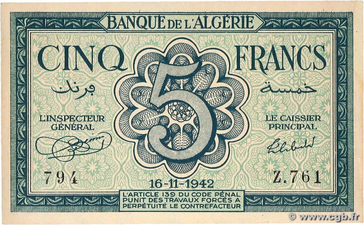 5 Francs ALGERIA  1942 P.091 AU