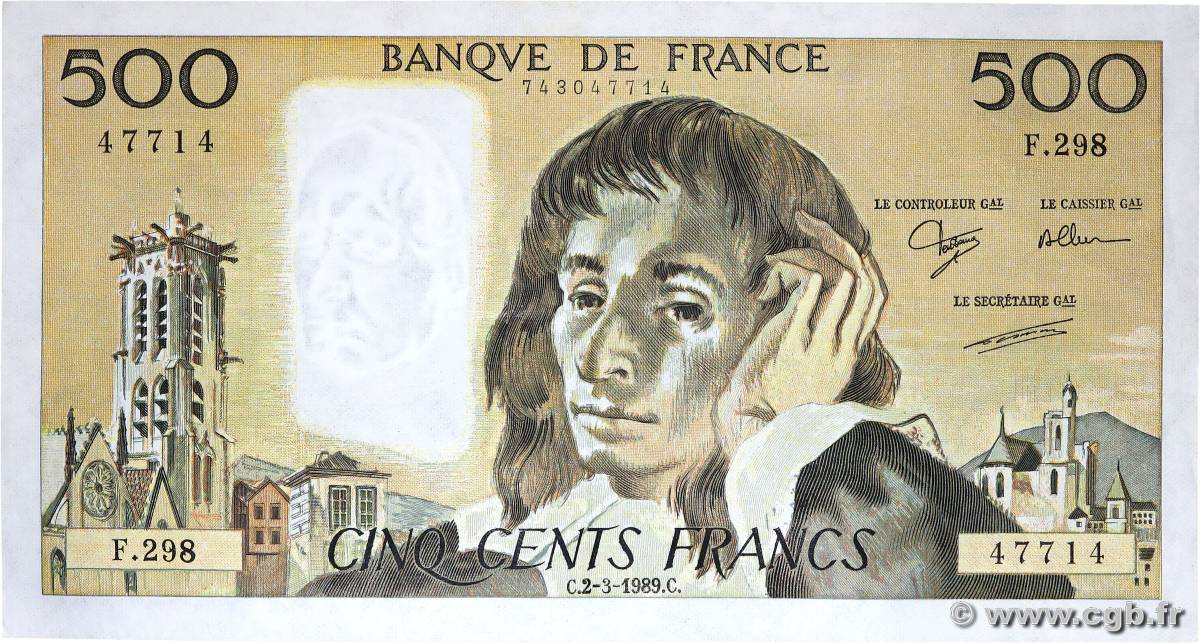 500 Francs PASCAL FRANKREICH  1989 F.71.41 fVZ