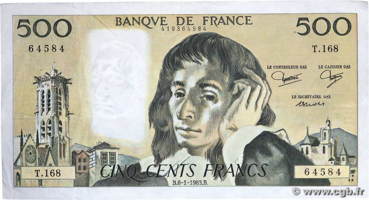 500 Francs PASCAL FRANCE  1983 F.71.28 F+