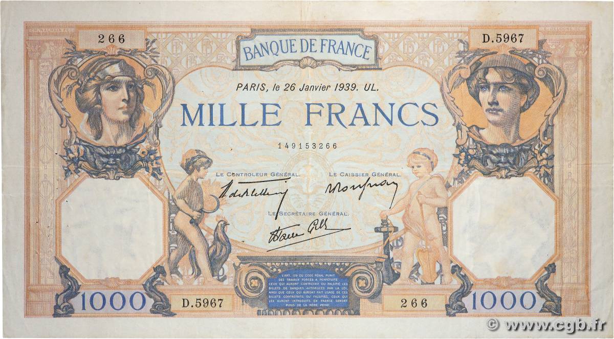 1000 Francs CÉRÈS ET MERCURE type modifié FRANCE  1939 F.38.33 TB+