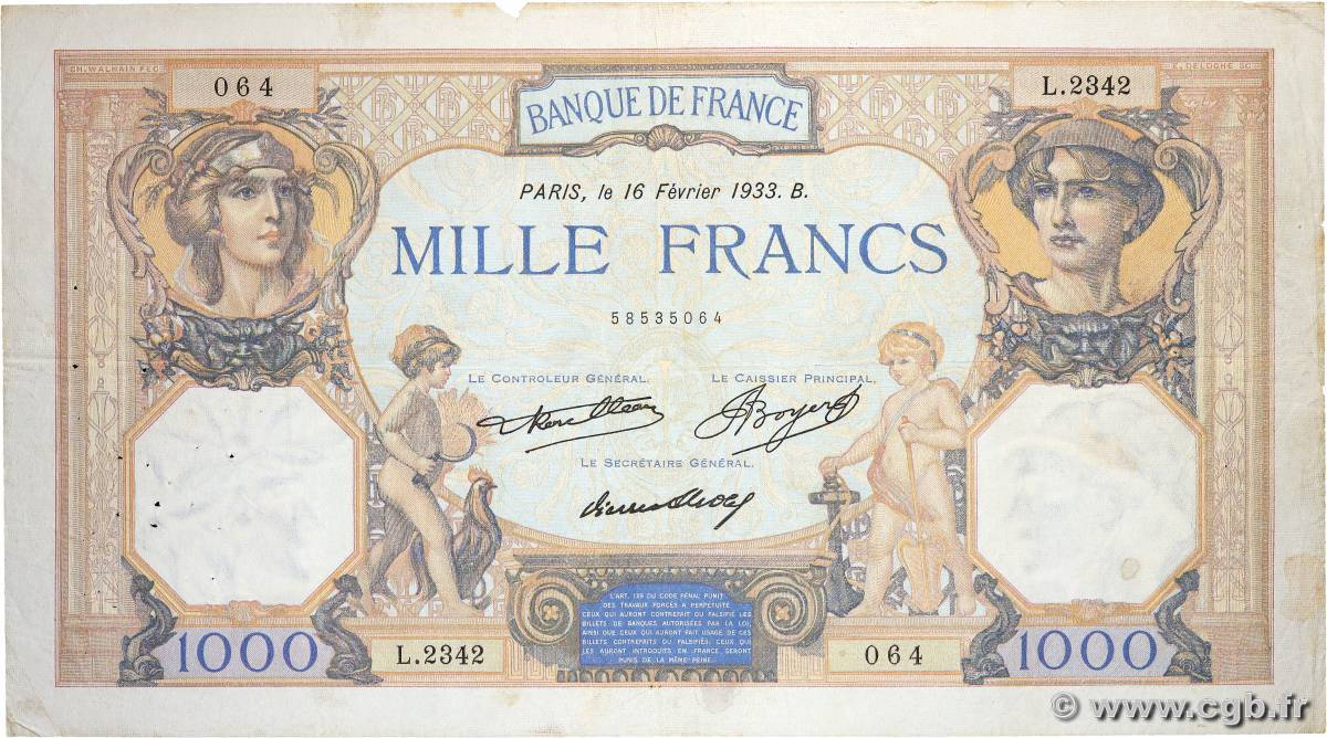 1000 Francs CÉRÈS ET MERCURE FRANCE  1933 F.37.08 TB