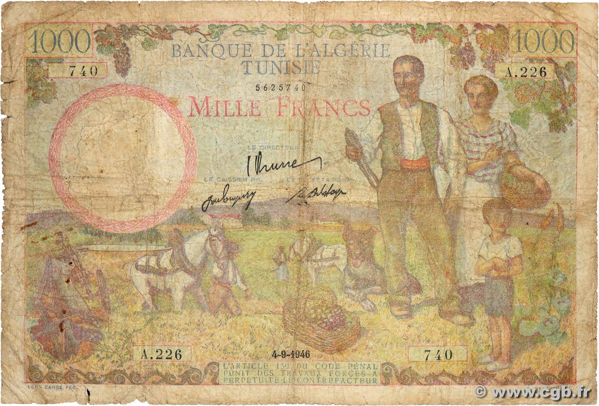 1000 Francs TUNISIA  1946 P.26 q.B