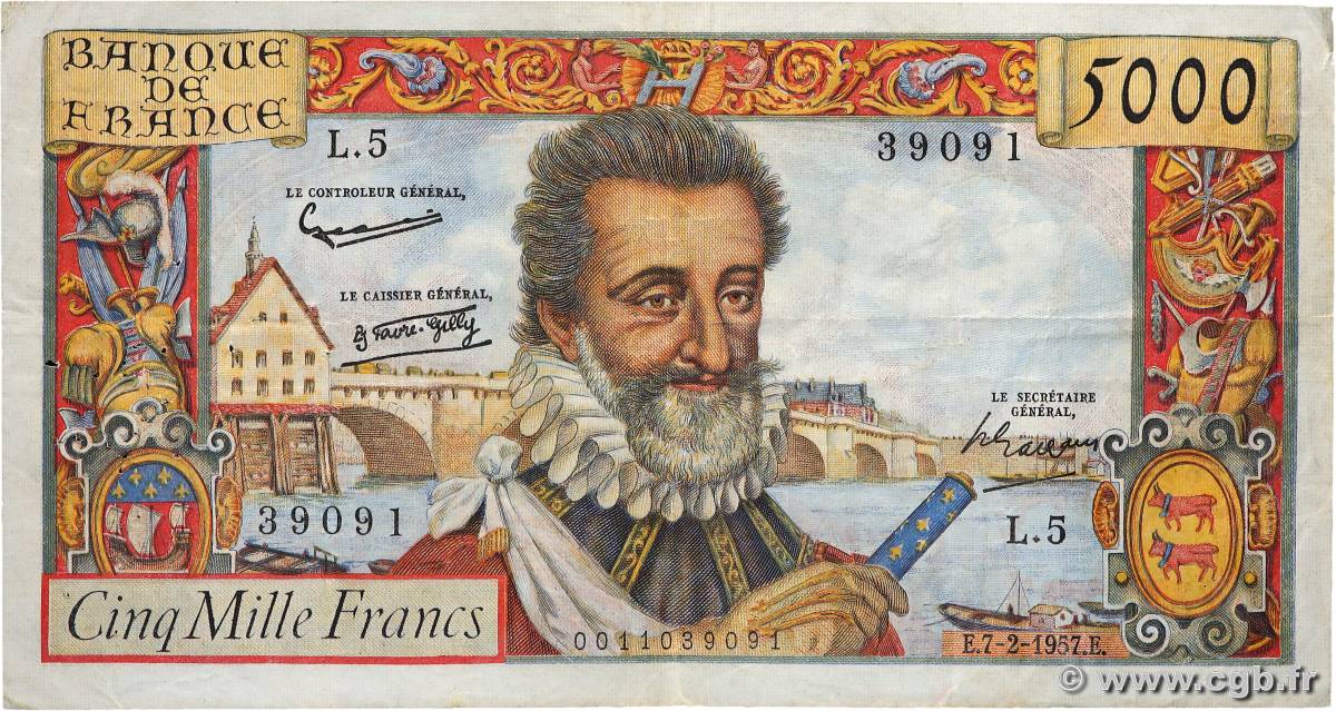 5000 Francs HENRI IV FRANCE  1957 F.49.01 VF