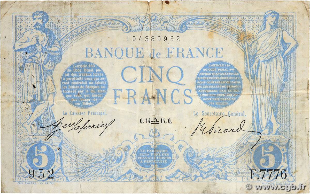 5 Francs BLEU FRANCE  1915 F.02.31 VF-