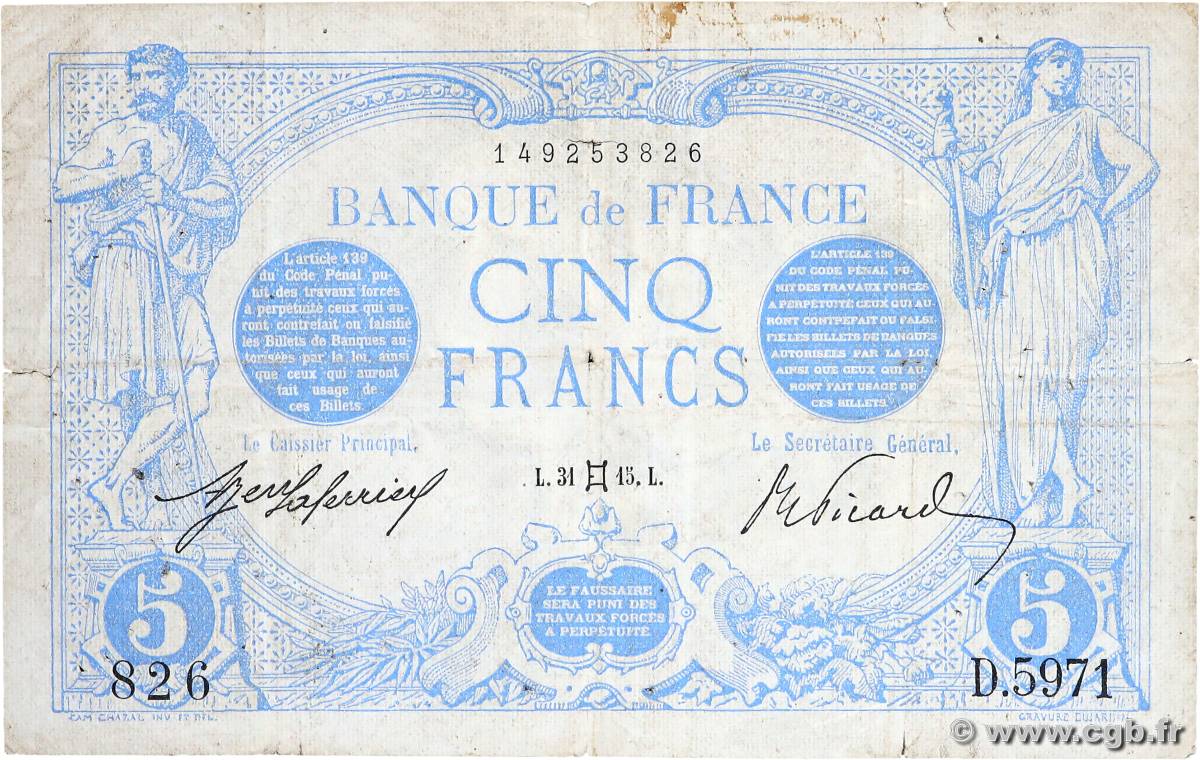 5 Francs BLEU FRANCE  1915 F.02.27 G