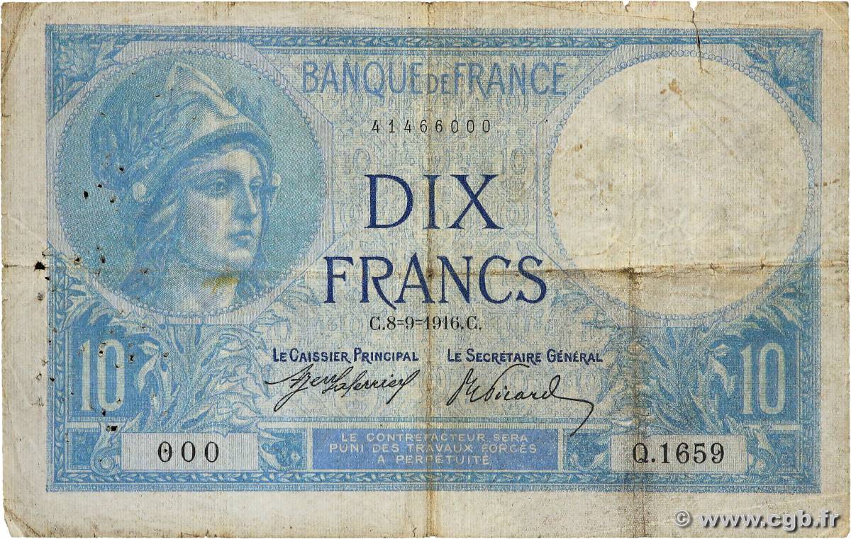 10 Francs MINERVE Numéro spécial FRANCE  1916 F.06.01 B