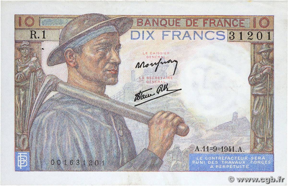 10 Francs MINEUR FRANCE  1941 F.08.01 pr.SUP