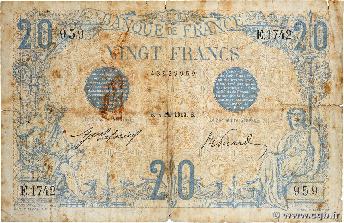 20 Francs BLEU FRANCE  1912 F.10.02 pr.B