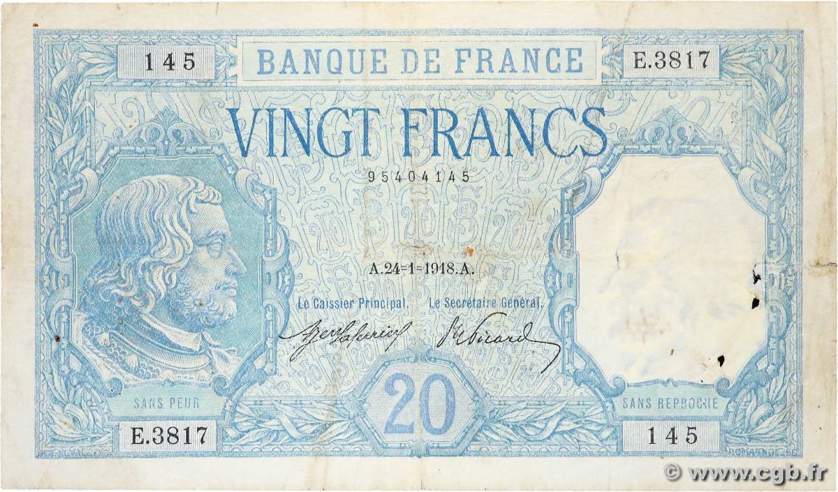 20 Francs BAYARD FRANKREICH  1918 F.11.03 SGE