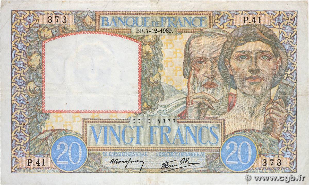 20 Francs TRAVAIL ET SCIENCE FRANCE  1939 F.12.01 B