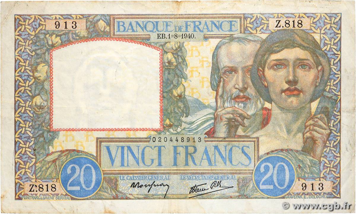 20 Francs TRAVAIL ET SCIENCE FRANKREICH  1940 F.12.05 S