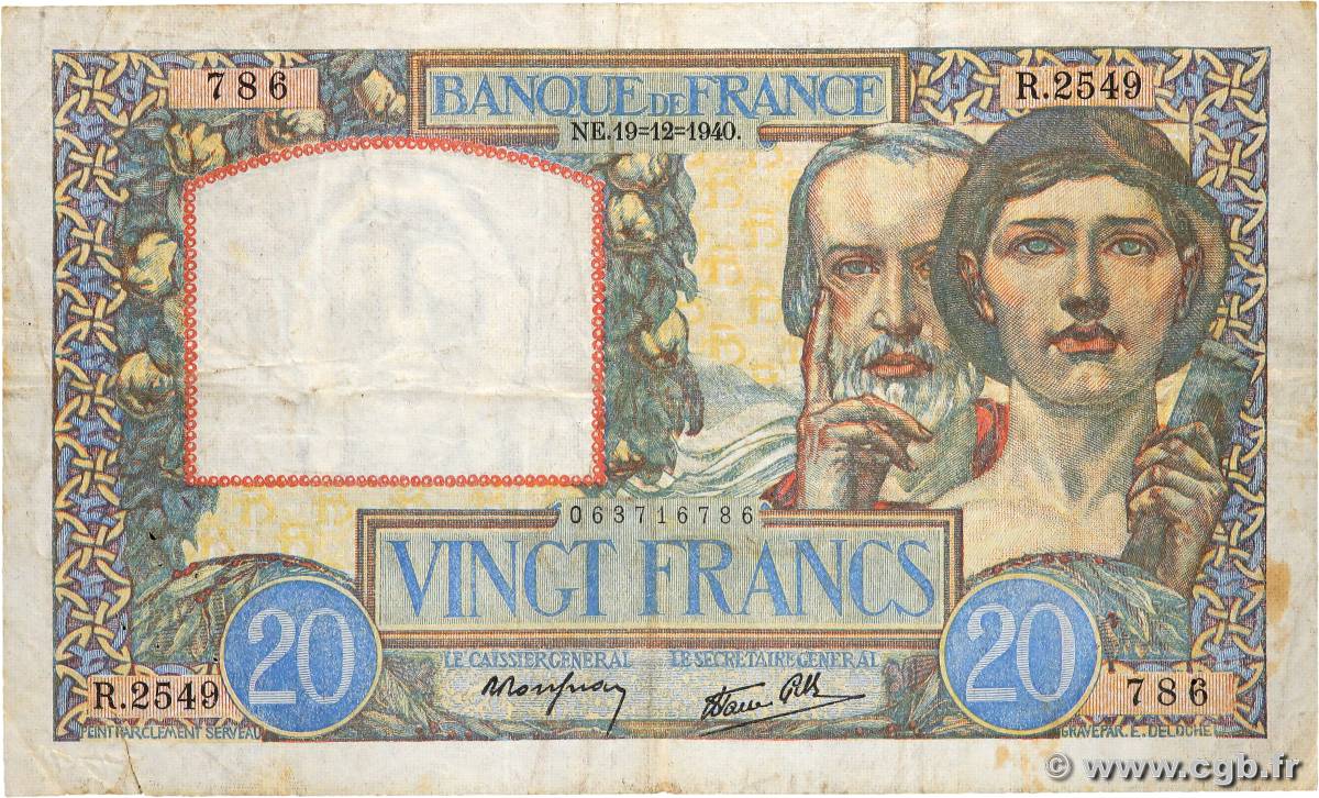 20 Francs TRAVAIL ET SCIENCE FRANCE  1940 F.12.11 F