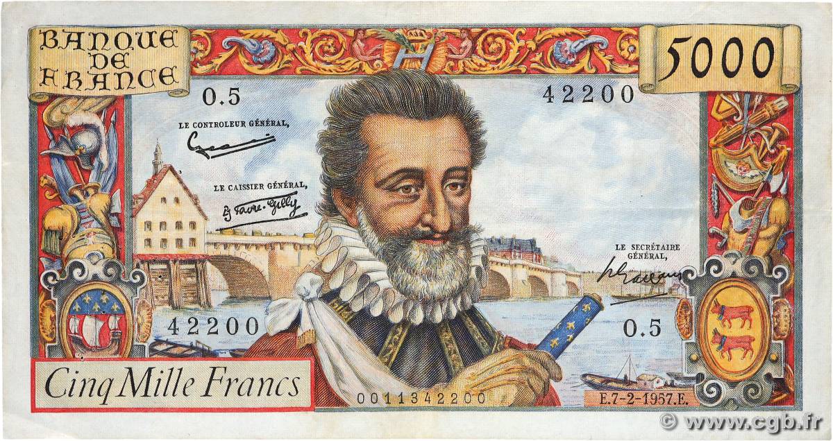 5000 Francs HENRI IV FRANCE  1957 F.49.01 VF