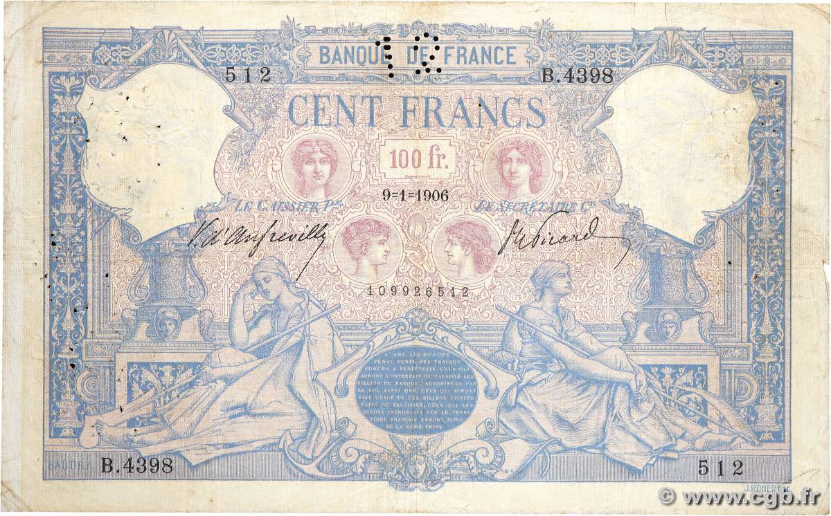 100 Francs BLEU ET ROSE FRANCE  1906 F.21.20 B