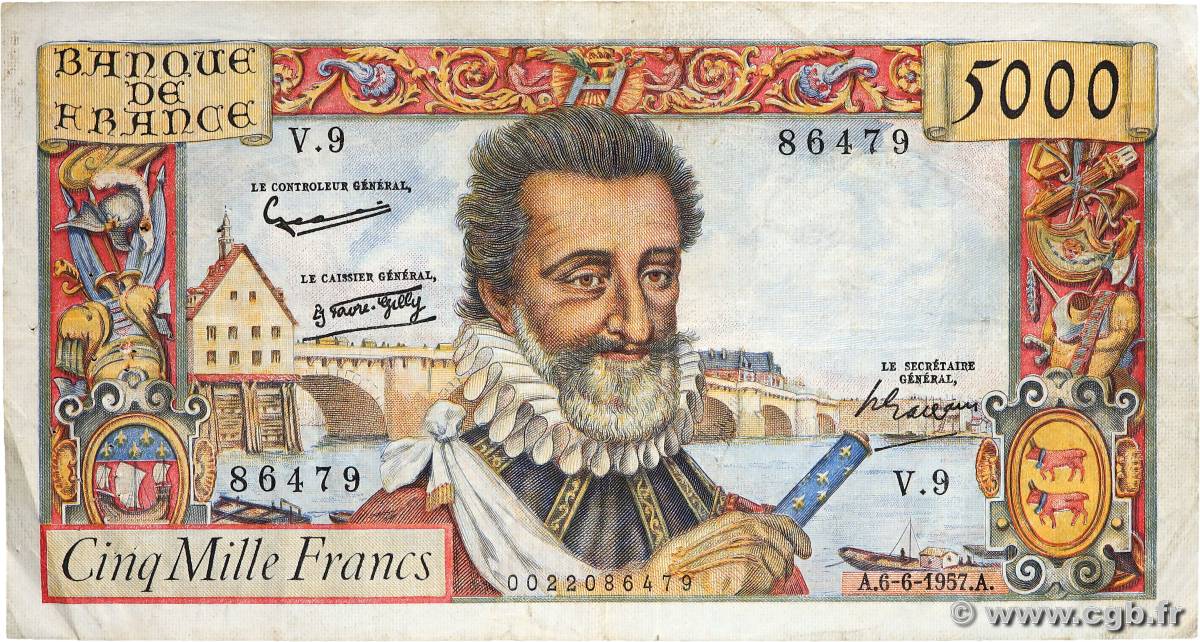 5000 Francs HENRI IV FRANCE  1957 F.49.02 VF-