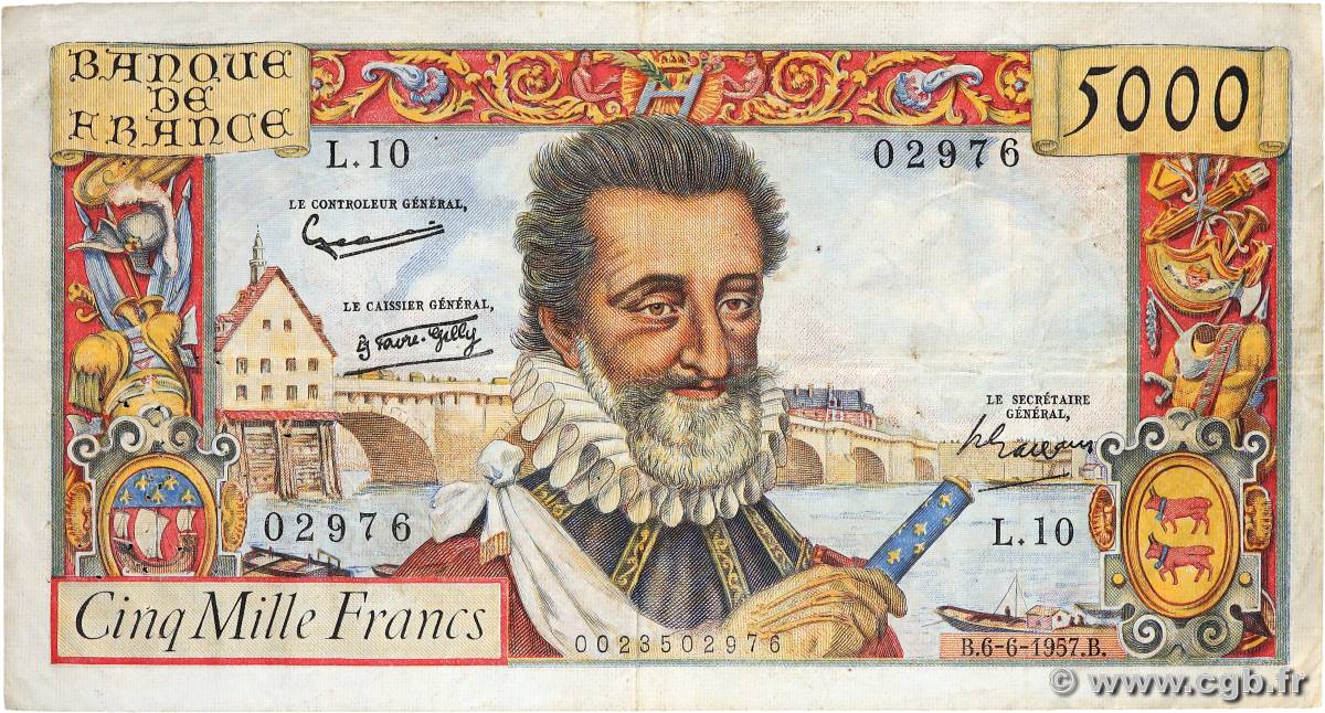 5000 Francs HENRI IV FRANCE  1957 F.49.02 VF-