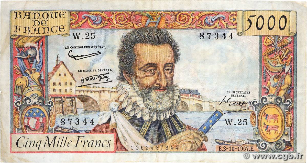 5000 Francs HENRI IV FRANCIA  1957 F.49.03 BC+