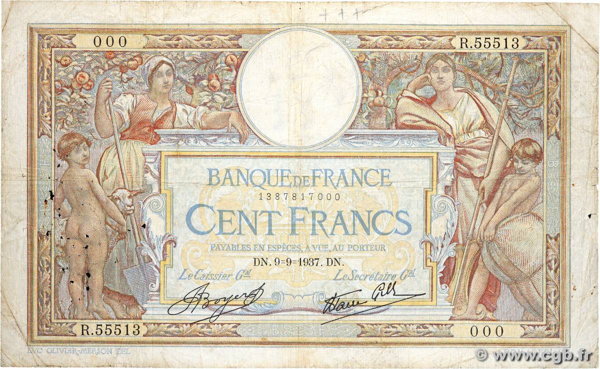 100 Francs LUC OLIVIER MERSON type modifié Numéro spécial FRANCIA  1937 F.25.01 B