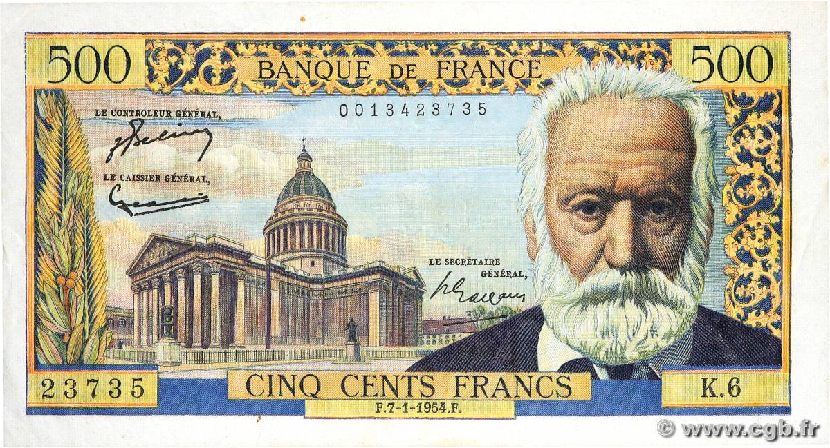 500 Francs VICTOR HUGO FRANCE  1954 F.35.01 VF