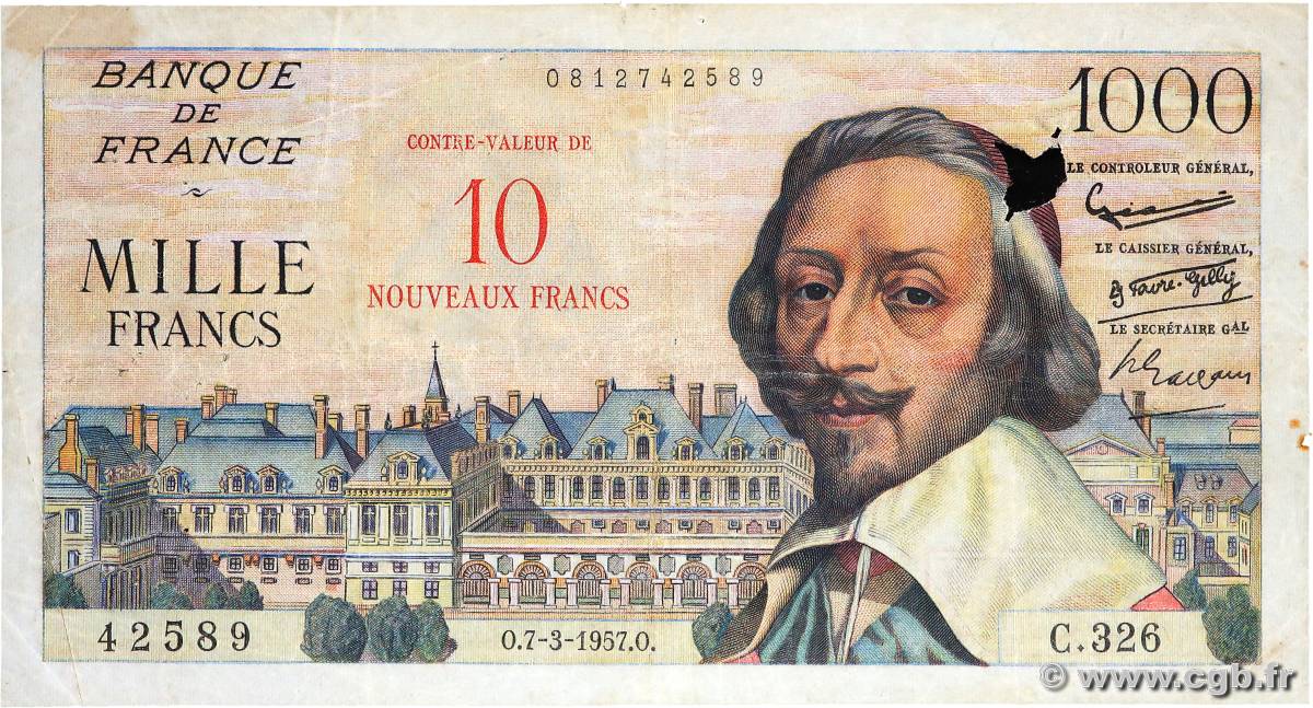10 NF sur 1000 Francs RICHELIEU FRANCE  1957 F.53.01 B+