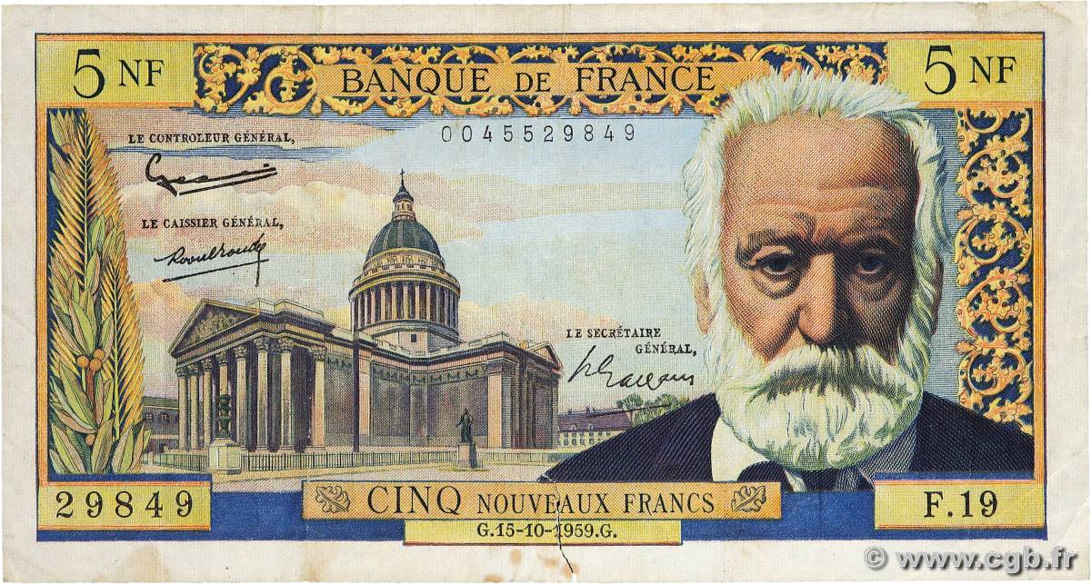 5 Nouveaux Francs VICTOR HUGO FRANCE  1959 F.56.03 F