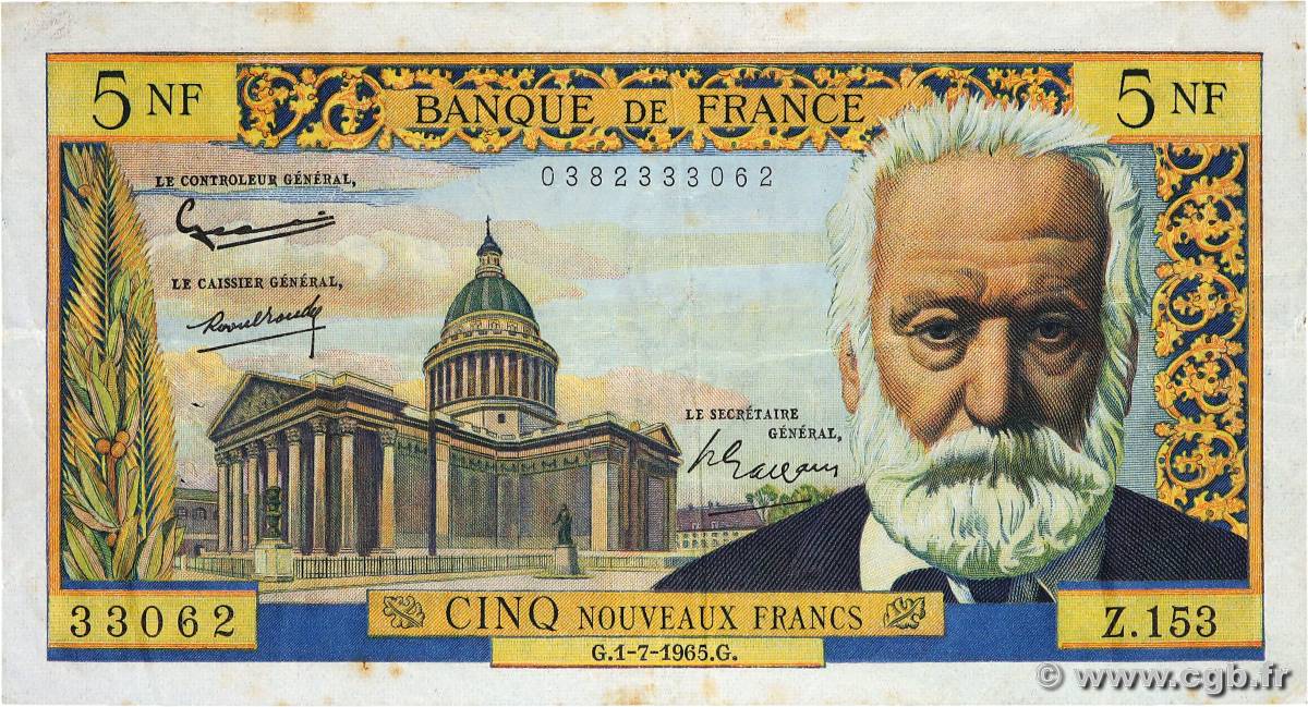 5 Nouveaux Francs VICTOR HUGO FRANCIA  1965 F.56.19 q.BB