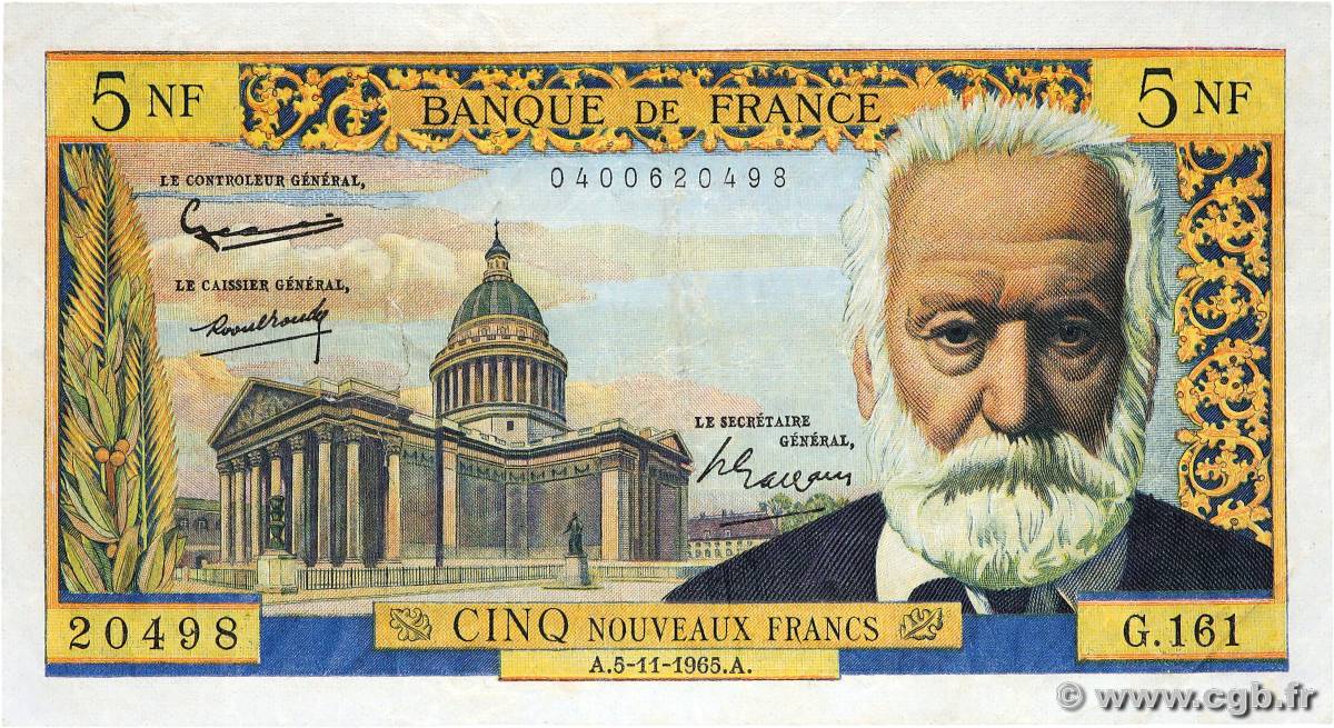 5 Nouveaux Francs VICTOR HUGO FRANCIA  1965 F.56.21 q.BB