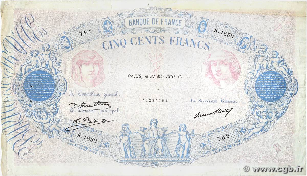 500 Francs BLEU ET ROSE FRANCE  1931 F.30.34 TB