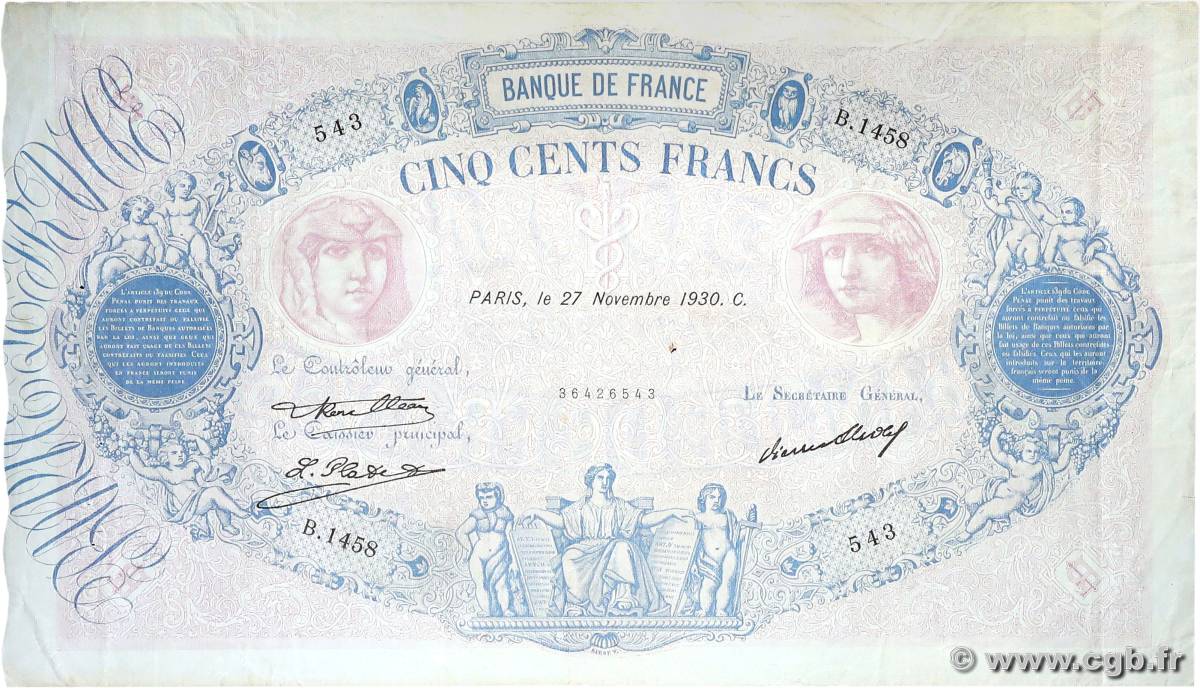 500 Francs BLEU ET ROSE FRANCIA  1930 F.30.33 MB