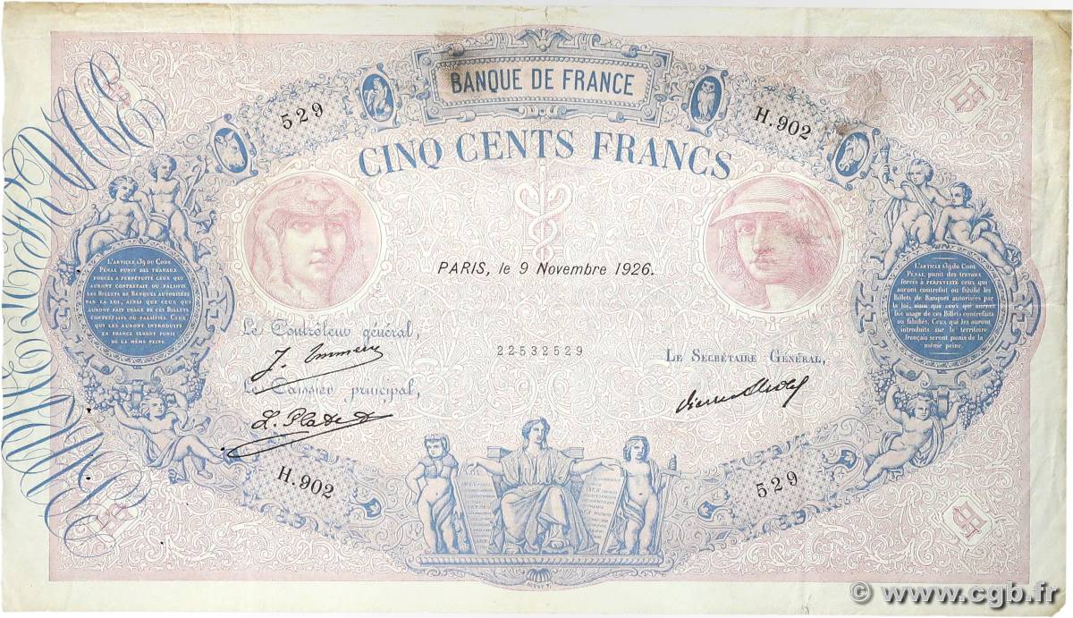 500 Francs BLEU ET ROSE FRANCE  1926 F.30.29 VF-