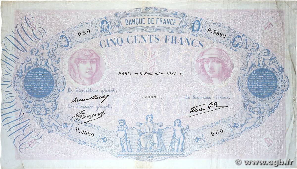 500 Francs BLEU ET ROSE modifié FRANCIA  1937 F.31.03 MB