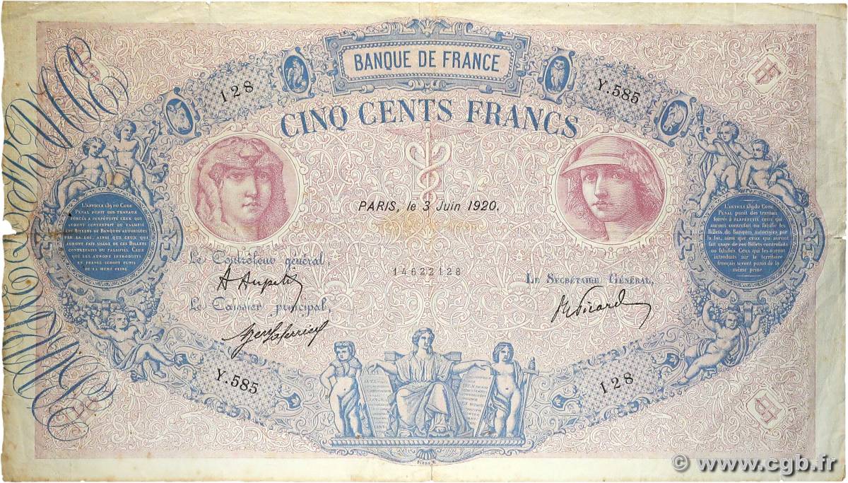 500 Francs BLEU ET ROSE FRANCIA  1920 F.30.24 MB