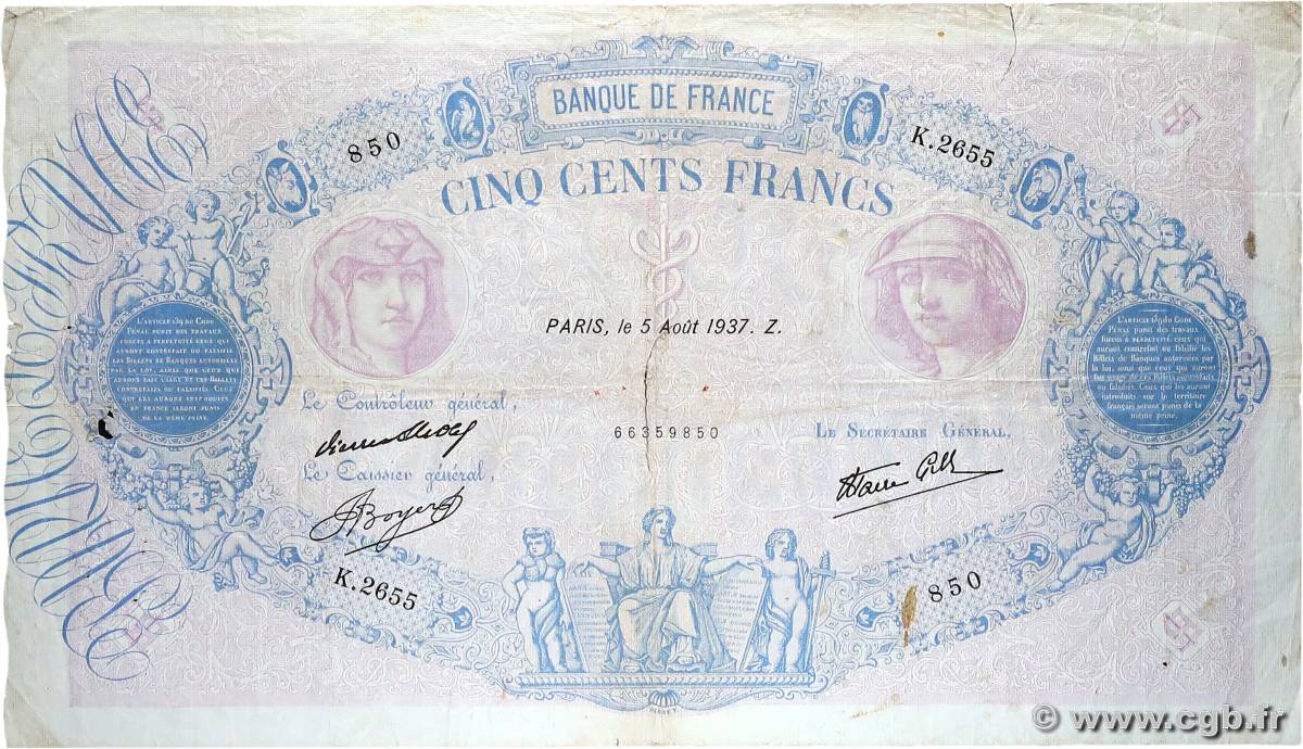 500 Francs BLEU ET ROSE modifié FRANCE  1937 F.31.01 F-